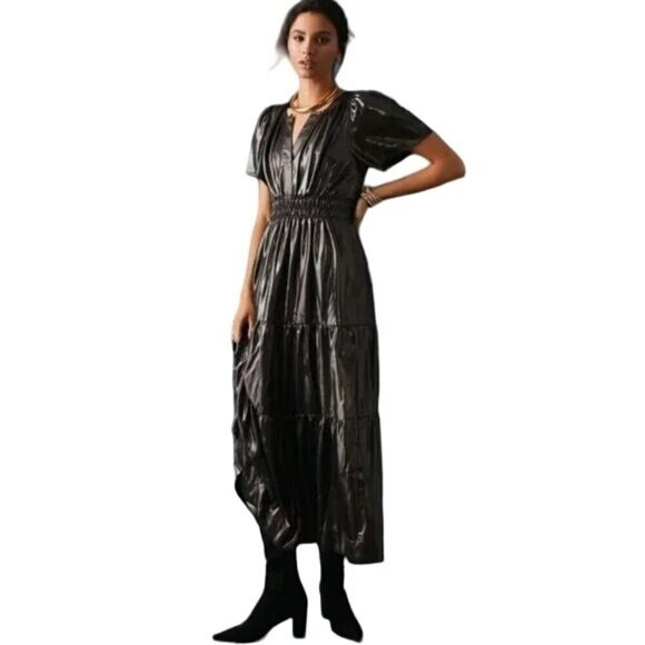 Anthropologie The Somerset Maxi Tiered Dress Metallic Shine Silver Grey Size XS